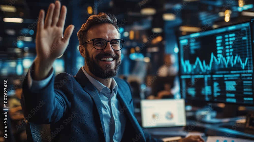 businessman is smiling and waving while sitting at desk surrounded by digital screens displaying data and graphs. atmosphere is energetic and professional, reflecting dynamic work environment businessman is smiling and waving while sitting at desk surrounded by digital screens displaying data and graphs. atmosphere is energetic and professional, reflecting dynamic work environment