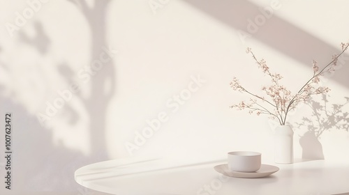 A bright white table set against a soft, light-colored background, showcasing an empty space ready for a product display