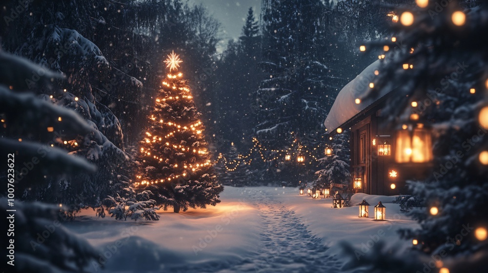 A snowy path leads to a cabin with a glowing Christmas tree and lanterns in a winter forest. A snowy path leads to a cabin with a glowing Christmas tree and lanterns in a winter forest.