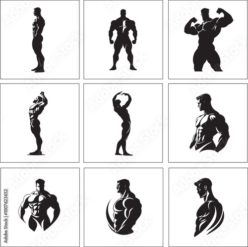 A black and white bodybuilder silhouette design
