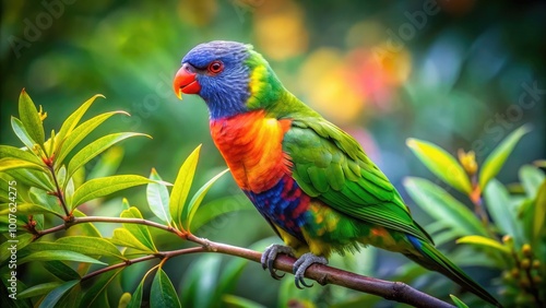 Colorful Parakeet Bird Perched on a Branch Surrounded by Lush Green Foliage in Natural Habitat