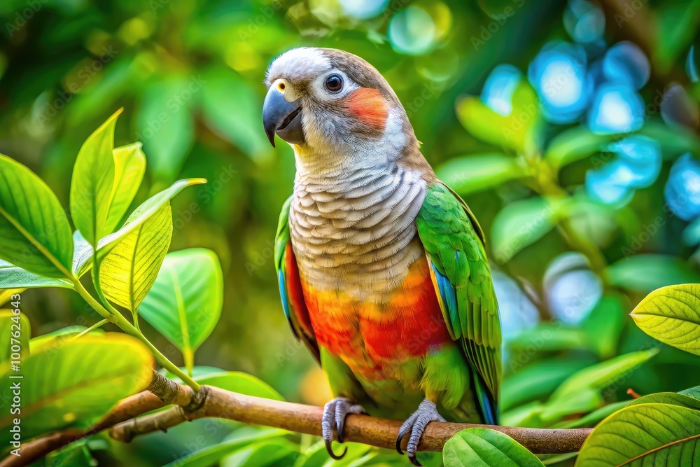 Colorful Quaker Parrot Perched on a Branch with Lush Green Foliage in a Bright Natural Setting Colorful Quaker Parrot Perched on a Branch with Lush Green Foliage in a Bright Natural Setting