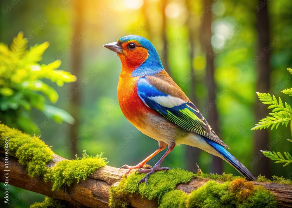 Fototapeta premium Colorful Russian Bird Perched on Branch in Lush Green Forest during Bright Sunny Day in Nature