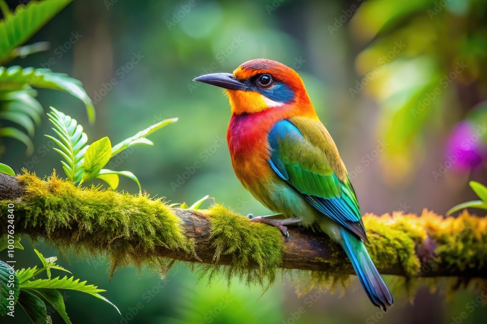 Colorful secretive bird perched on a branch amidst lush greenery in a serene natural setting Colorful secretive bird perched on a branch amidst lush greenery in a serene natural setting