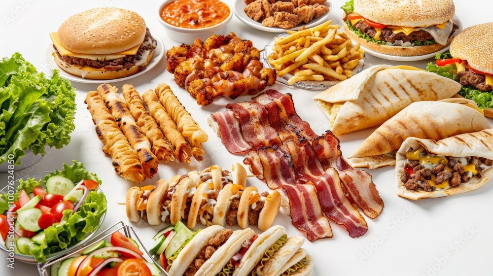 Comprehensive set of fast foods, from crispy bacon to shawarma, elegantly displayed on a white canvas Comprehensive set of fast foods, from crispy bacon to shawarma, elegantly displayed on a white canvas