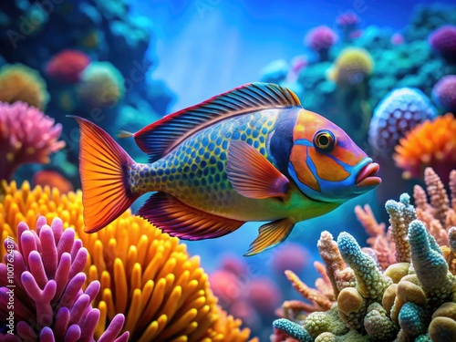 Colorful Spinefish Swimming Gracefully Through Vibrant Coral Reef in Crystal Clear Ocean Waters photo