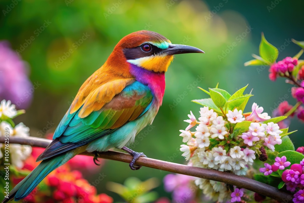 Colorful Sucker Bird Perched on a Branch in Natural Habitat Surrounded by Lush Greenery and Flowers Colorful Sucker Bird Perched on a Branch in Natural Habitat Surrounded by Lush Greenery and Flowers