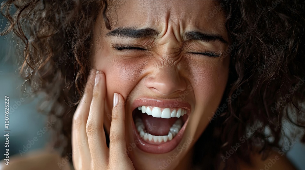 A woman in her early 30s experiencing sharp tooth pain, hand covering her cheek, her face showing clear discomfort as she grimaces from the cold sensation on her sensitive teeth A woman in her early 30s experiencing sharp tooth pain, hand covering her cheek, her face showing clear discomfort as she grimaces from the cold sensation on her sensitive teeth