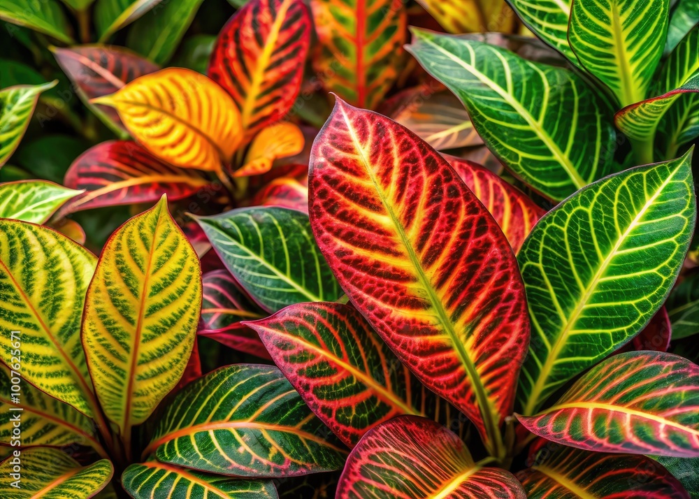 Naklejka premium Colorful Variegated Plant Leaves Creating a Lush and Vibrant Natural Background for Various Uses