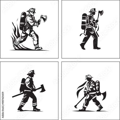 A black and white fire fighter silhouette design
