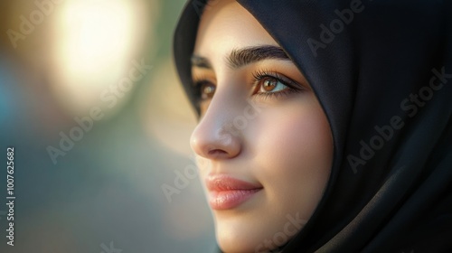 Close-up of a Young Woman's Face, Wearing a Black Hijab and Looking Away