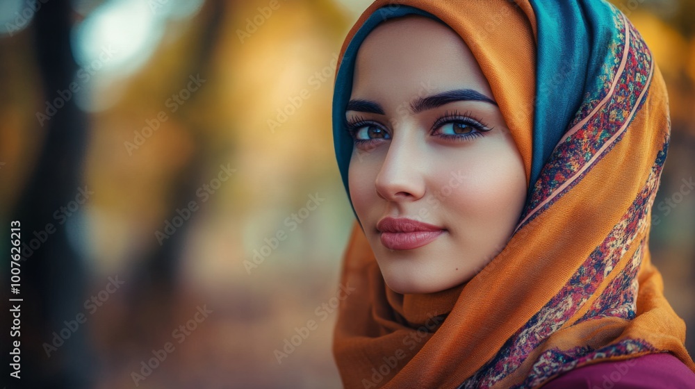 A Woman in a Vibrant Headscarf Gazing Pensively A Woman in a Vibrant Headscarf Gazing Pensively