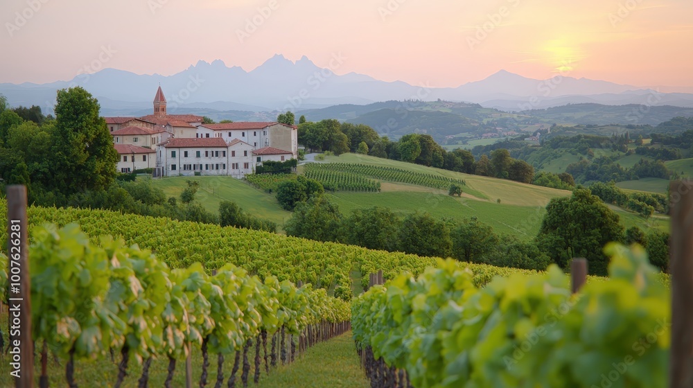 Naklejka premium Picturesque Italian Countryside Vineyard Landscape with Farmhouse at Sunset