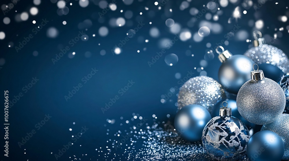 Blue Christmas ornaments with bokeh and glitter on blue background. Blue Christmas ornaments with bokeh and glitter on blue background.