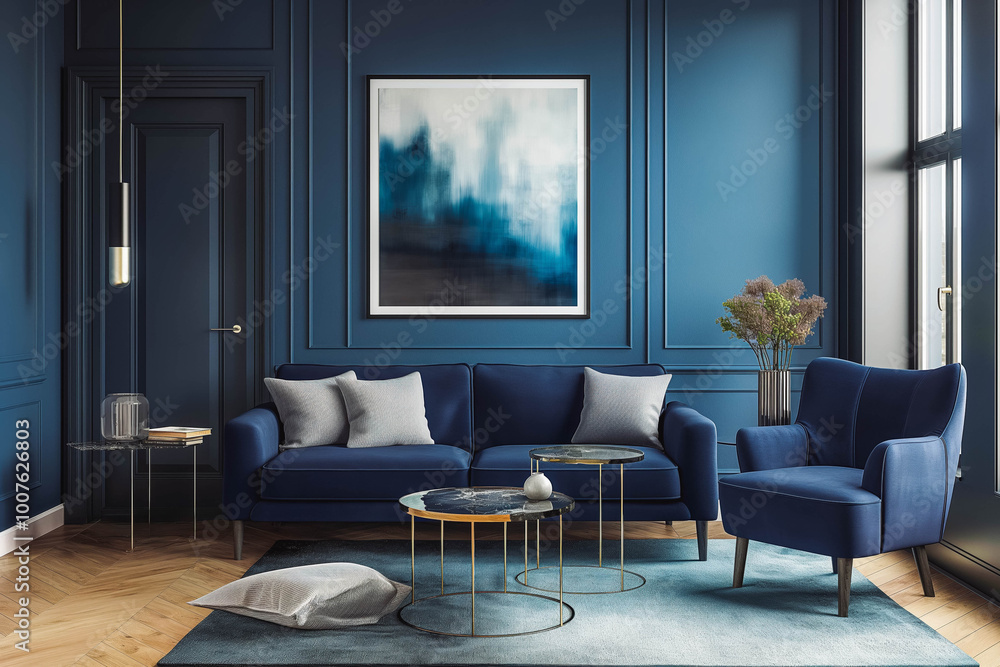 Fototapeta premium Dark blue sofa and recliner chair in scandinavian apartment. Interior design of modern living room.