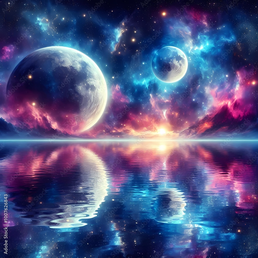 A surreal galaxy scene where two moons hover above an ocean of stars A surreal galaxy scene where two moons hover above an ocean of stars