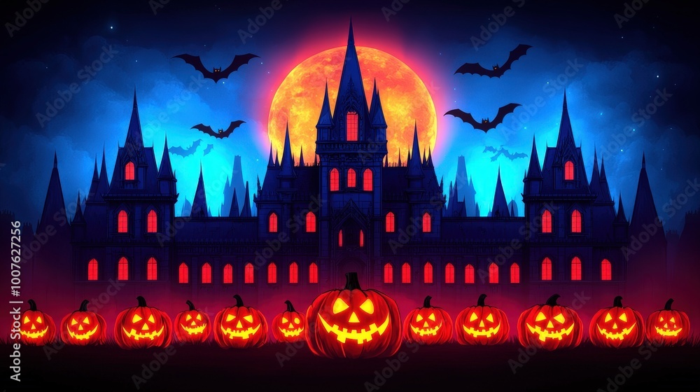 Haunted Gothic Castle with Jack o Lanterns and Full Moon on Halloween Night Haunted Gothic Castle with Jack o Lanterns and Full Moon on Halloween Night