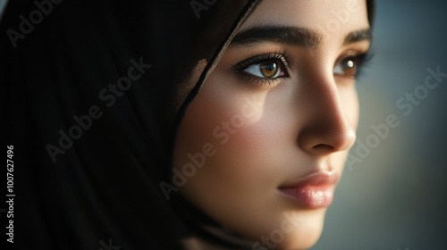 Close-up Portrait of a Woman Wearing a Black Headscarf