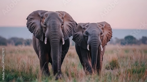 African Elephant Family Walking Through Grassland at Sunset