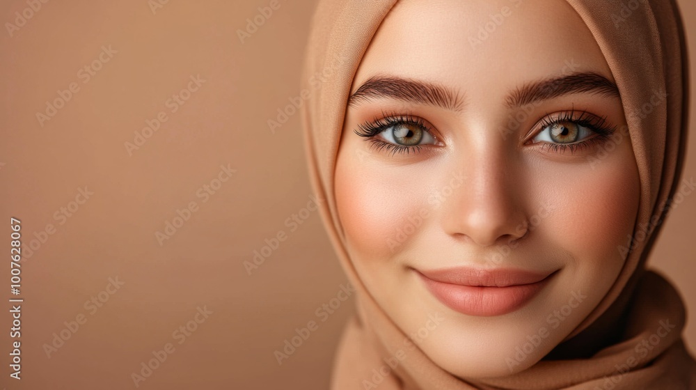 Close-up portrait of a woman in a hijab, with soft lighting and subtle makeup, smiling gently. Close-up portrait of a woman in a hijab, with soft lighting and subtle makeup, smiling gently.