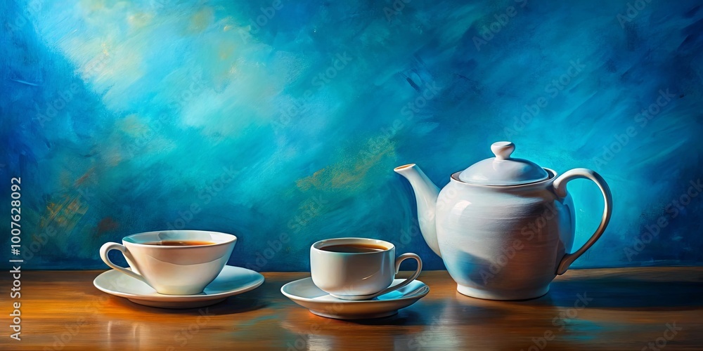 Two cups of tea with a teapot on a wooden table against a blue painted background Two cups of tea with a teapot on a wooden table against a blue painted background
