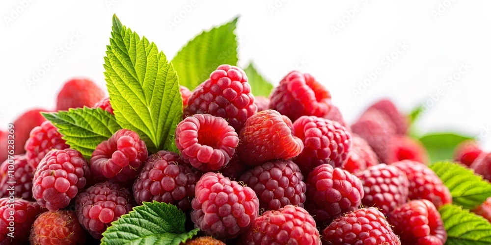 A vibrant cluster of plump, ruby-red raspberries, their juicy surfaces glistening with moisture, nestled amongst lush green foliage. A vibrant cluster of plump, ruby-red raspberries, their juicy surfaces glistening with moisture, nestled amongst lush green foliage.