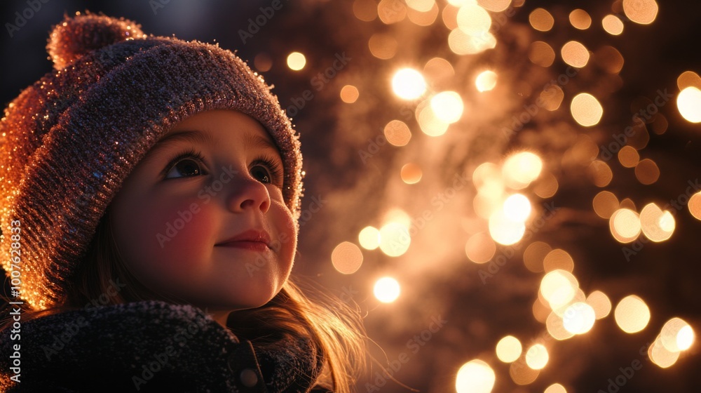 Young Girl Gazing at Festive Lights Young Girl Gazing at Festive Lights