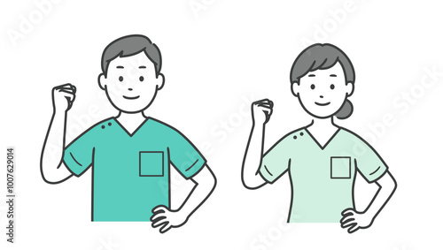 ガッツポーズをする歯科医男女の上半身イラスト
