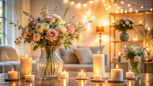 Soft candlelight illuminates a vase filled with vibrant blossoms, creating a warm and inviting ambiance on a wooden table in a cozy living room.