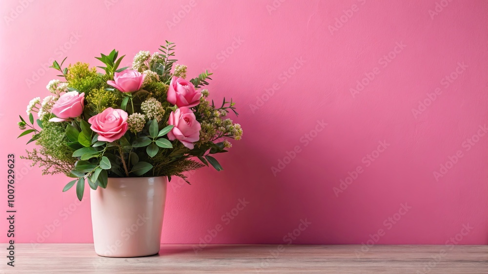 Pink roses in a vase against a pale pink wall, a simple arrangement of delicate beauty. Pink roses in a vase against a pale pink wall, a simple arrangement of delicate beauty.