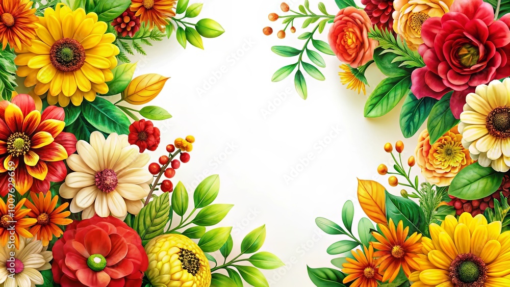 Naklejka premium A vibrant tapestry of floral artistry featuring a kaleidoscope of colors, with delicate petals and lush greenery arranged in a captivating design, creating a harmonious symphony of nature's beauty.