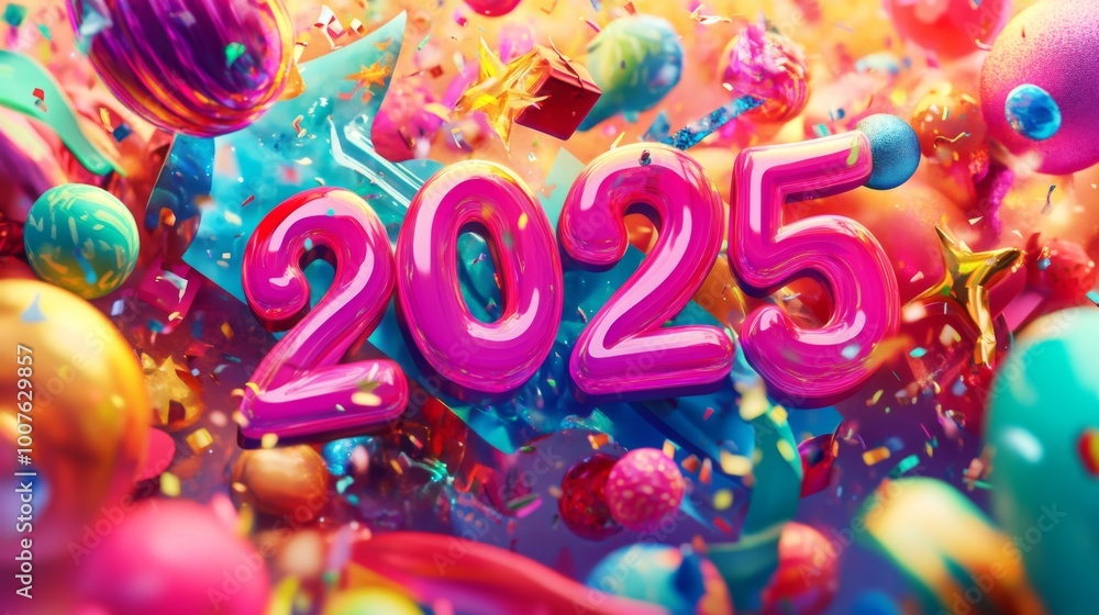 Shiny Pink 2025 Floating in a Colorful Confetti-Filled Space Shiny Pink 2025 Floating in a Colorful Confetti-Filled Space