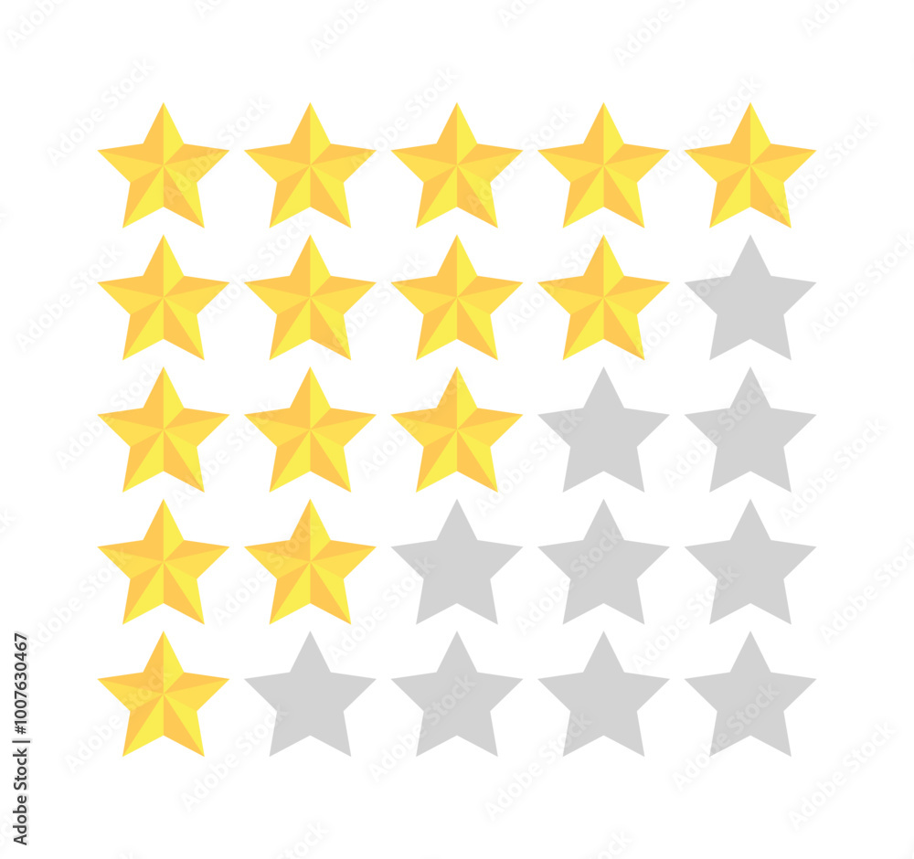 Stars rating symbol vector illustration, from worst to best level. Gold three dimensional style. Stars rating symbol vector illustration, from worst to best level. Gold three dimensional style.