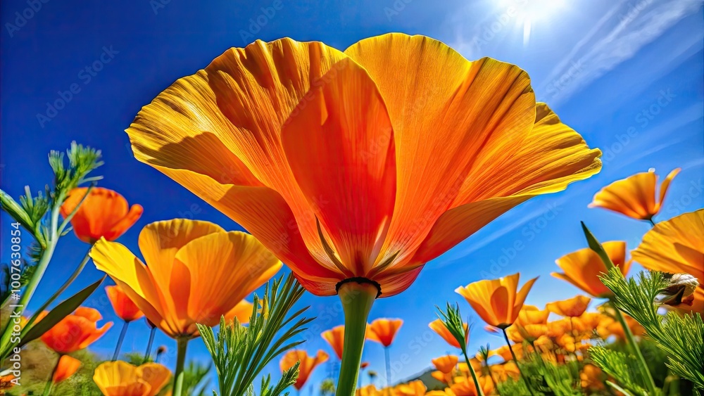 Obraz premium Detailed Botanical Illustration of California Poppy Showcasing Vibrant Colors and Intricate Petals