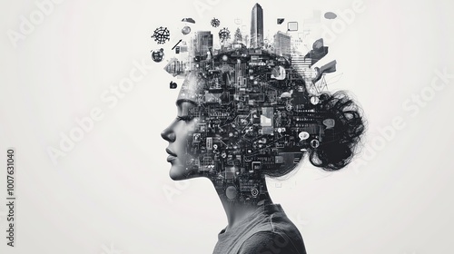 Woman's Profile Integrated with Urban Elements and Icons