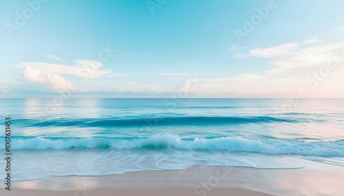 Tranquil ocean waves caressing the shoreline under a serene blue sky dotted with fluffy clouds