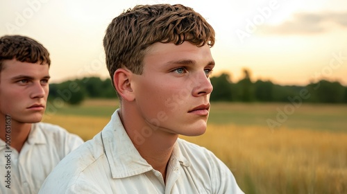 Young Men in Field at Sunset   Cinematic Portrait