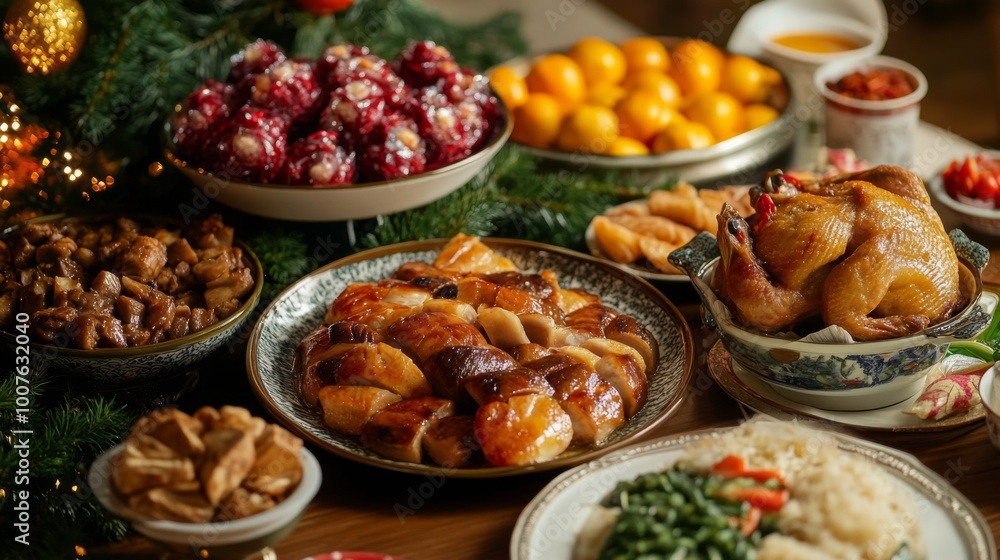 A Feast of Chinese Cuisine on a Wooden Table A Feast of Chinese Cuisine on a Wooden Table