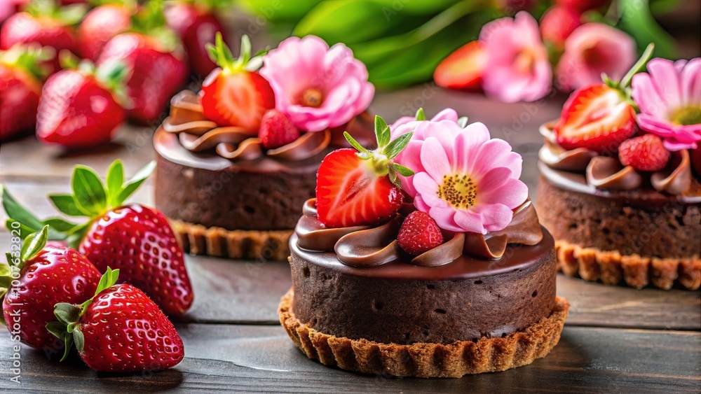 Delicate pink blossoms grace rich chocolate desserts, a symphony of sweetness and floral charm. Delicate pink blossoms grace rich chocolate desserts, a symphony of sweetness and floral charm.
