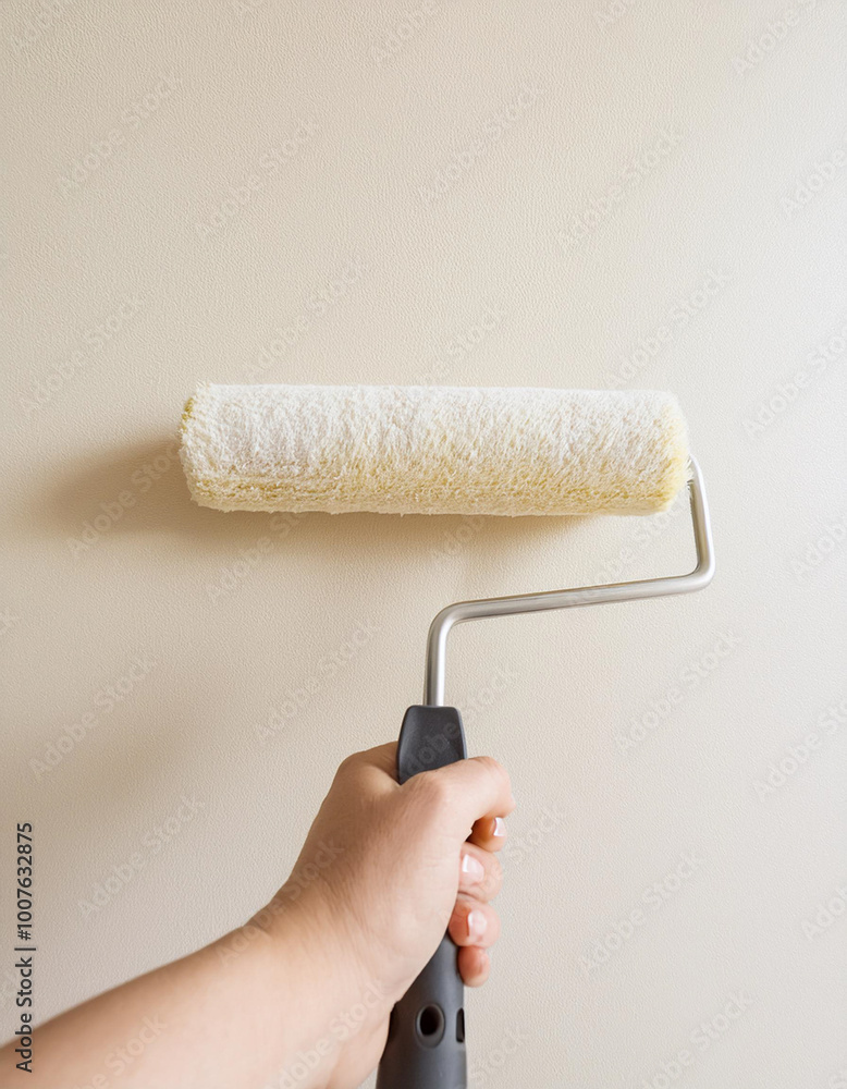 Obraz premium Male hand painting wall with paint roller. Painting apartment, renovating with white color paint 
