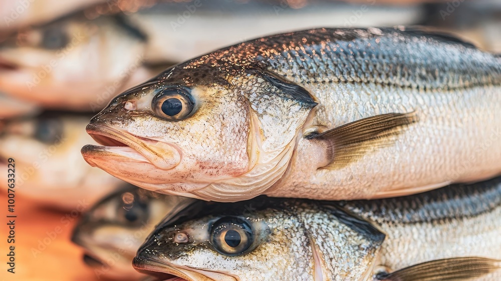 Fresh Sea Bass Fish Stacked at Market Seafood Close Up Fresh Sea Bass Fish Stacked at Market Seafood Close Up
