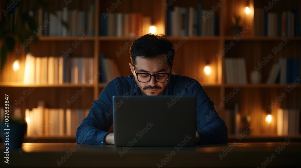 Man Working on Laptop in Cozy Library Setting Man Working on Laptop in Cozy Library Setting