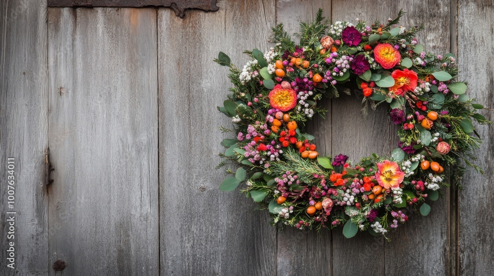 Floral Wreath Adorned with Berries on Weathered Wooden Background Floral Wreath Adorned with Berries on Weathered Wooden Background