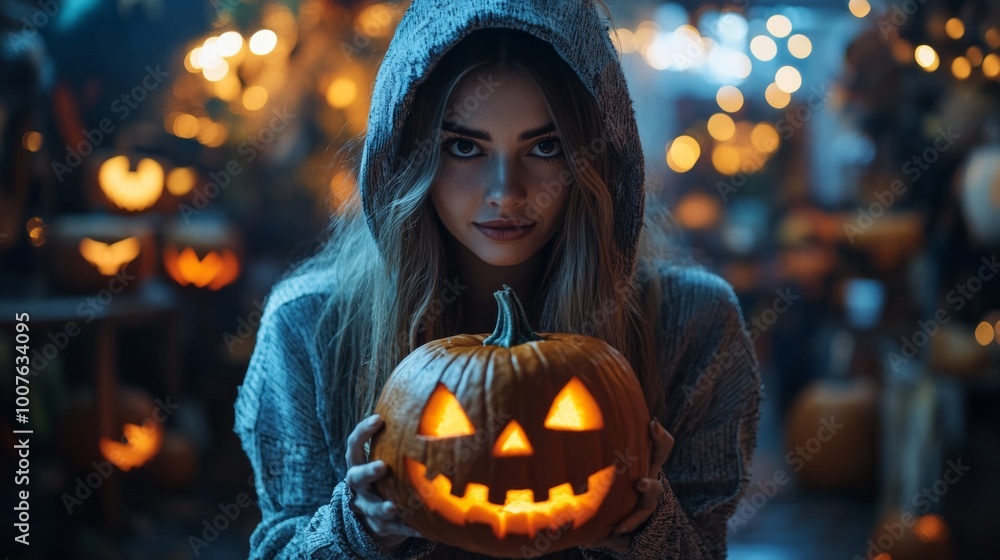 Naklejka premium Halloween Night with Hooded Girl Holding Glowing Jack-O-Lantern