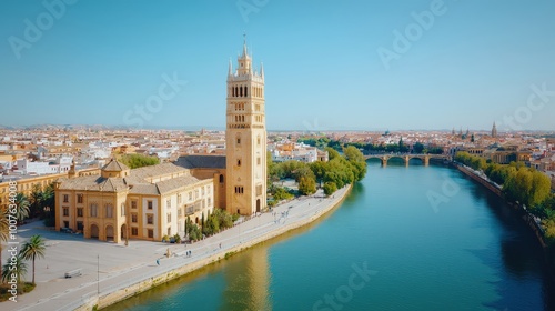 Aerial View of Seville Cathedral  Giralda Tower  and Guadalquivir River  Spain