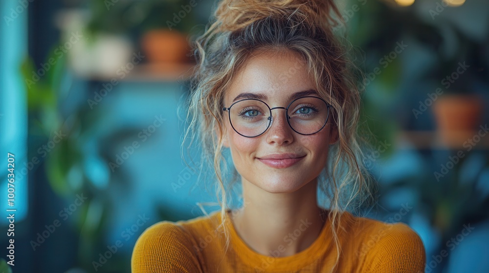 Young Woman with Glasses in Cozy Indoor Setting Young Woman with Glasses in Cozy Indoor Setting