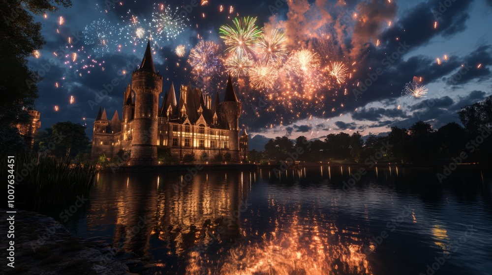Obraz premium A Majestic Castle Illuminated by a Breathtaking Fireworks Display