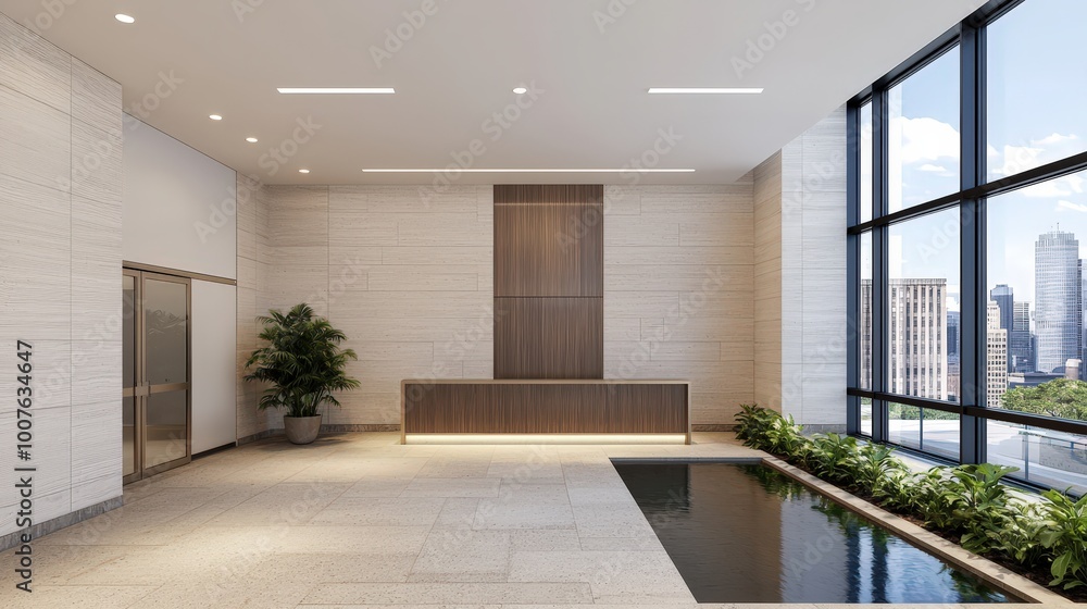 Fototapeta premium Modern Office Lobby Interior Design with Reception Desk Plants and City View