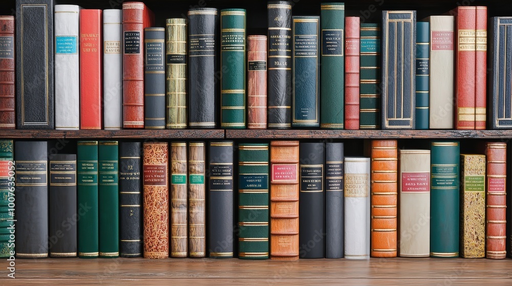 Naklejka premium Vintage Book Collection on Wooden Shelf Library Literature Knowledge Education