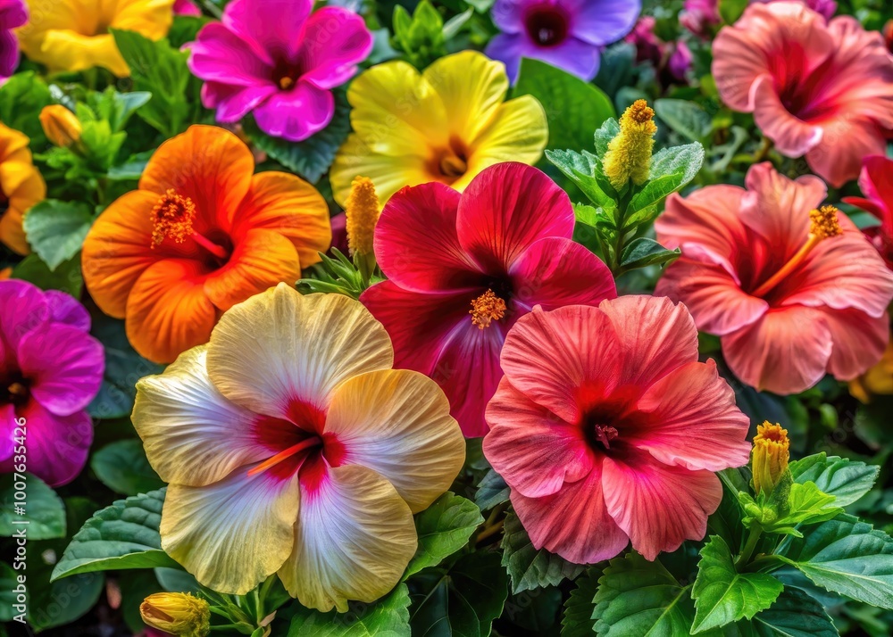 Diverse Hibiscus Varieties Showcasing Vibrant Colors and Unique Petal Shapes in Tropical Garden Setting Diverse Hibiscus Varieties Showcasing Vibrant Colors and Unique Petal Shapes in Tropical Garden Setting